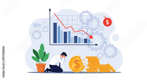 Desperate businessman kneeling on the floor next to a failing financial graph and broken stacks of gold dollar coins.