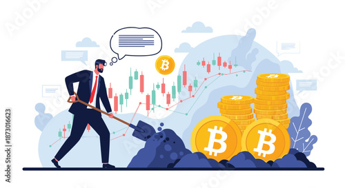 Entrepreneurial man digging into a pile of dirt to find bitcoin symbols with a rising cryptocurrency chart in the background.