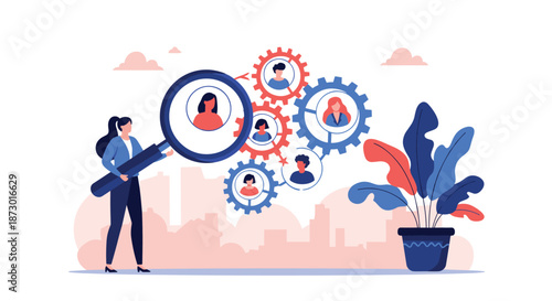 Human resources professional using a magnifying glass to search for the right candidate among various gears with profiles.