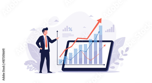 Confident professional presenting a rising financial chart on a digital tablet with various data visualizations in the background.