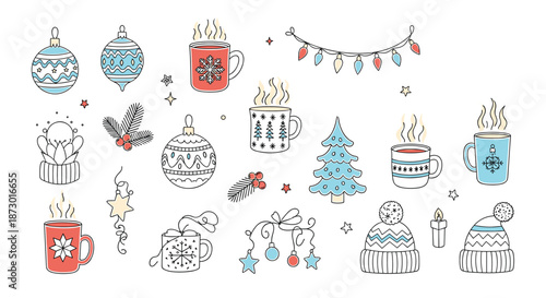 Cozy collection of winter-themed hand-drawn icons including hot cocoa mugs, warm hats, Christmas ornaments, and a small tree.