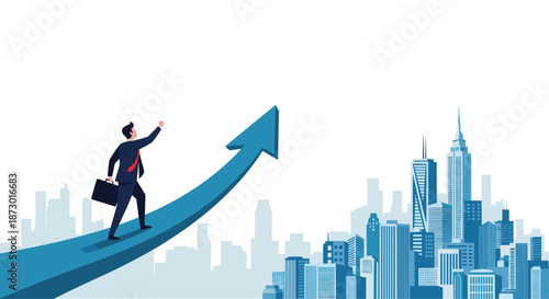 Ambitious businessman walking up a massive rising blue arrow that towers over a modern city skyline, symbolizing career success.