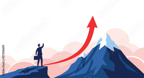 Determined businessman standing on a cliff edge looking towards a giant red rising arrow that peaks over a mountain range.