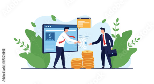 Businessmen reaching an agreement with a handshake while digital money transfers between them on a computer screen.