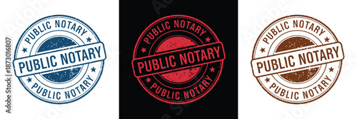 Vector illustration of three circular public notary stamps featuring 'Public Notary' text in blue, red, and brown color schemes with star accents.