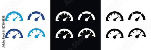 A collection of eight sleek vector icons depicting common car dashboard warning lights and speedometer symbols in blue and black color schemes.