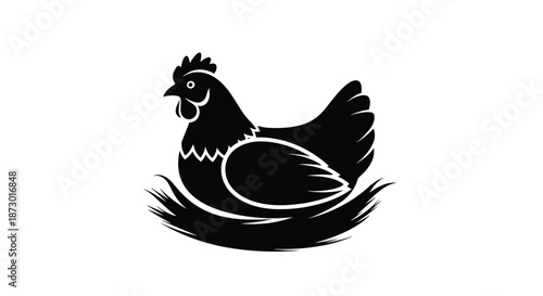 Simple black silhouette illustration of a mother hen sitting comfortably in her nest on white background.