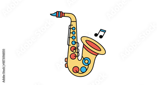 Playful cartoon illustration of a golden saxophone playing upbeat music with floating musical notes.
