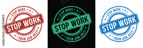 Vector illustration of three circular 'Stop Work' authority badges in red, green, and blue colors with star accents and bold text for safety protocols.