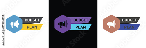 A set of three modern vector icons representing budget planning, featuring speech bubbles, microphones, and megaphones in vibrant colors.