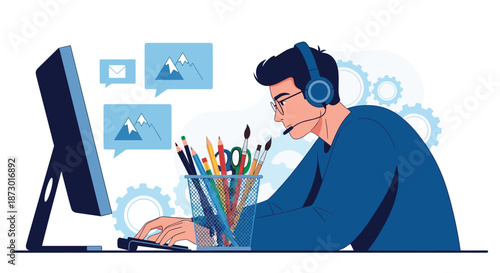Professional digital artist with headphones focusing on design projects at a computer desk with art supplies.
