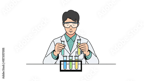 Scientist in Lab Coat and Goggles Holding Test Tubes, Conducting Chemical Experiment