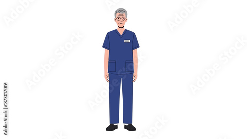 Senior Male Nurse in Blue Scrubs Standing Isolated on White Background