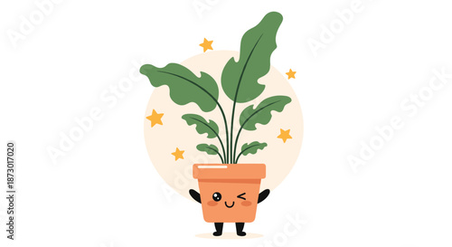 Adorable potted plant character with a happy winking face and twinkling golden stars in the background.