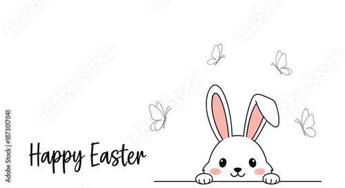 Adorable white Easter bunny shyly peeking from the bottom with delicate butterflies flying around and festive text.