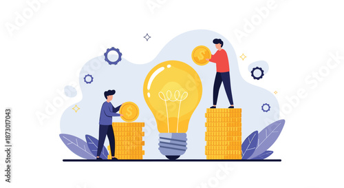 Creative entrepreneurs building stacks of gold coins next to a giant light bulb symbolizing profitable ideas and innovation.