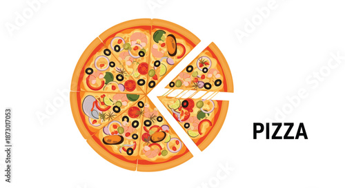 Delicious whole gourmet pizza with various toppings like seafood, olives, and tomatoes with a single slice removed.