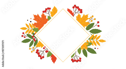Beautiful diamond-shaped frame composed of vibrant autumn leaves and wild berries for seasonal messages or designs.