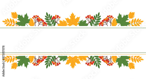 Elegant horizontal border design featuring a variety of colorful autumn leaves and red rowan berries on white background.