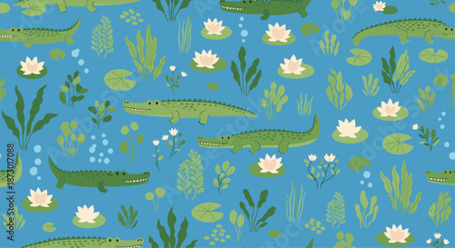 Fun and colorful seamless pattern of green crocodiles swimming among water lilies and reeds in a blue pond.