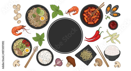 Top down view of a diverse Asian feast with noodles, rice, seafood, and spicy dishes surrounding a central circular frame.