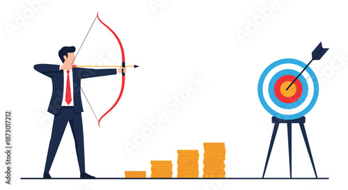 Determined businessman aiming a bow and arrow at a target with stacks of coins representing financial goals and success.