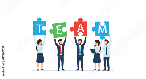 Diverse group of business people holding up large colorful puzzle pieces that form the word TEAM to signify unity.