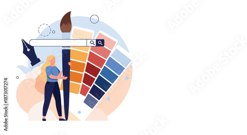Creative graphic designer woman using a large paintbrush to choose colors from a palette on a digital search bar.