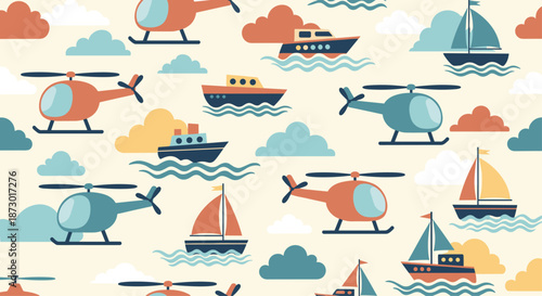 Playful seamless pattern for kids featuring colorful helicopters boats sailboats and fluffy clouds on a light background.