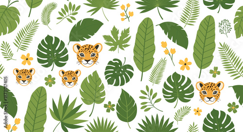 Vibrant tropical pattern featuring leopard heads and various green jungle leaves and yellow flowers on a white background.