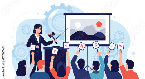 Professional female auctioneer presenting landscape painting to an audience of bidders raising their paddles at a public auction.