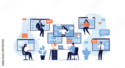 Conceptual illustration of a remote business meeting with colleagues communicating through multiple video chat windows on screen.