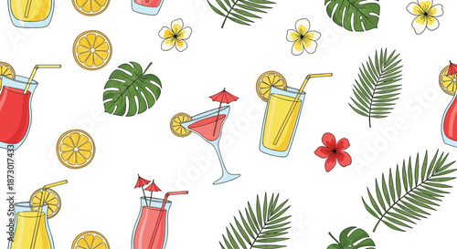 Seamless pattern featuring various colorful tropical cocktails with garnishes and exotic palm leaves on a plain white background.