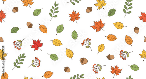 Seamless pattern of various autumn leaves acorns and berries in warm colors representing the beauty of the fall season.