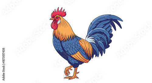 Detailed colorful rooster illustration with vibrant feathers standing proudly against a plain white background for design projects.