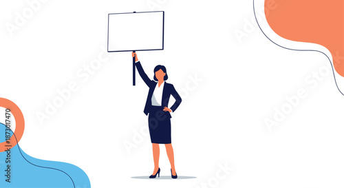 Professional businesswoman in a suit holding up a large blank white board for custom text or advertisement messages.