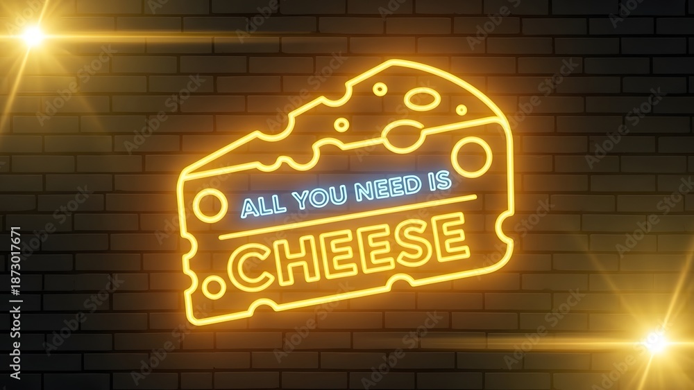 Obraz premium A neon sign on a brick wall with the words all you need is cheese in a playful font with a wedge of cheese
