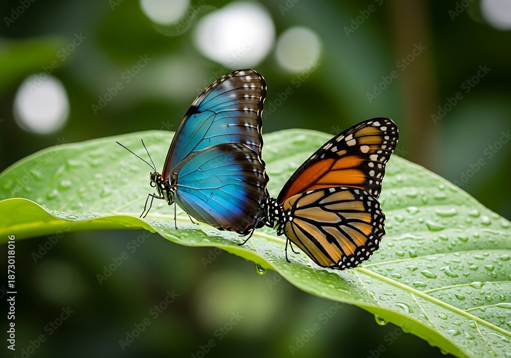 Fototapeta premium Two butterflies with colorful wings rest on a wet green leaf.