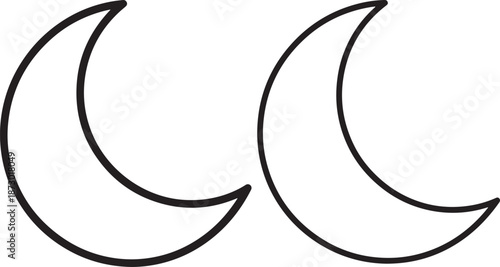 Simple Crescent Moon Outline Vector Icons, Set of Two Minimalist Celestial Night Sky Symbols for Design and Illustration.
