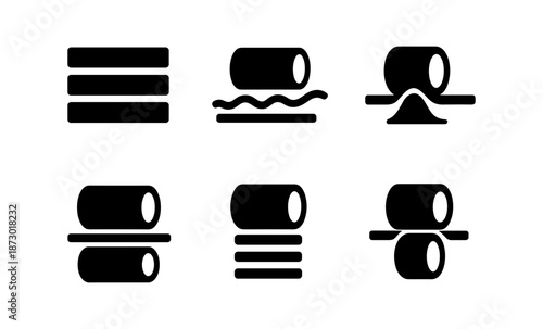 Set of six black icons representing different printing press processes and paper handling