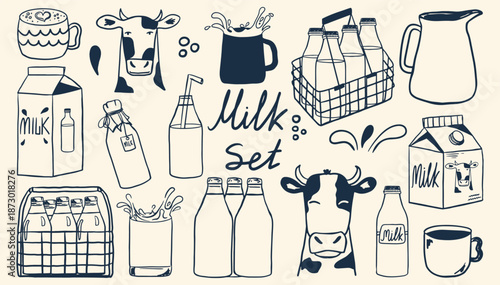 Hand drawn milk doodle set. Vintage vector collection of organic farm products, cows, bottles in crates and dairy splashes. Organic elements in crayon drawing style