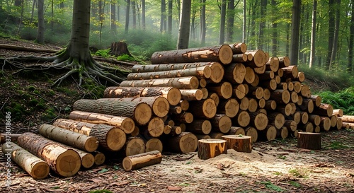 Wallpaper Mural Stacked logs rest in a sun-dappled forest clearing. Torontodigital.ca