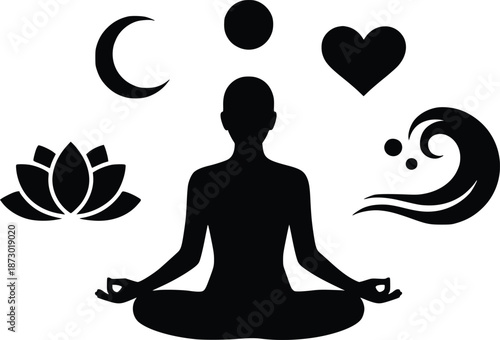 Silhouette of a person meditating with symbols