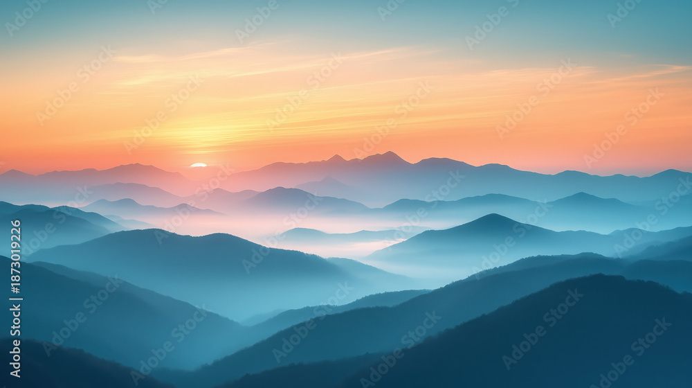 Fototapeta premium panoramic Asian mountains at sunrise, early year atmosphere, subtle fog between hills, pastel orange and blue sky