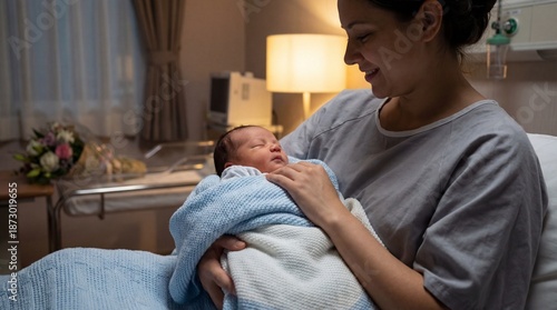 Mother holding newborn baby in hospital bed showcasing maternal care, bonding, comfort, health, and family connection in a warm, professional setting