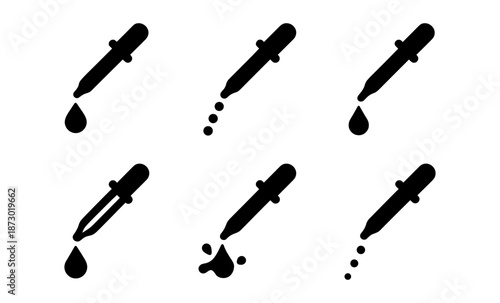 Set of black dropper icons with liquid drops on a white background