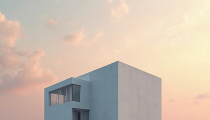 Modern minimalist building facade with geometric shapes and clean lines. White concrete structure against soft pastel sky with clouds. Balanced composition offers calm and serene aesthetic.