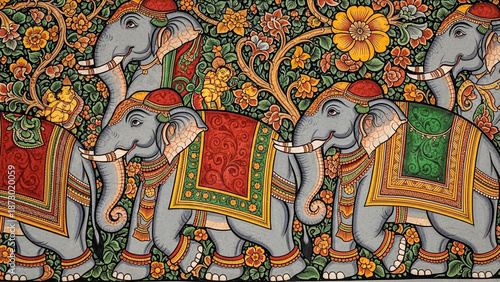 Illustration of two majestic elephants adorned with colorful, intricate textiles and jewelry, set against a floral patterned background in Indian folk art style.