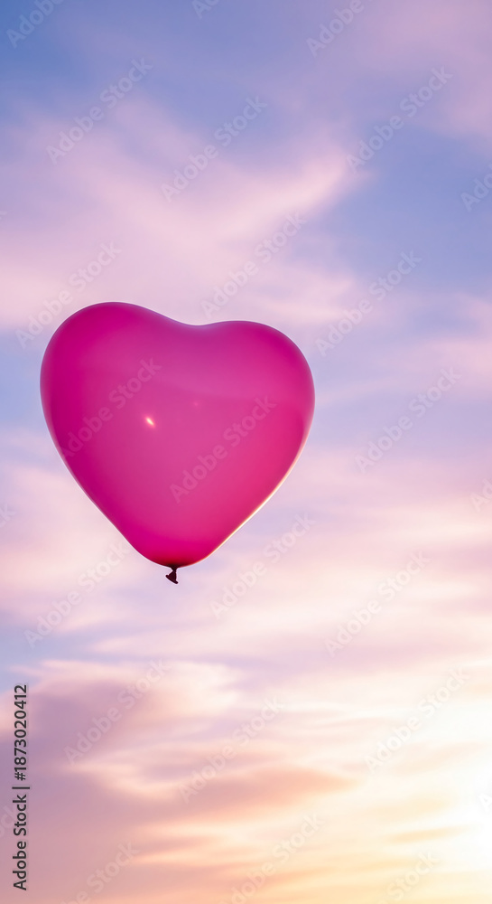 Obraz premium Vertical shot of a pink heart balloon against a blurred, pastel sky, symbolizing love, romance, or Valentine's Day, ideal for celebration content