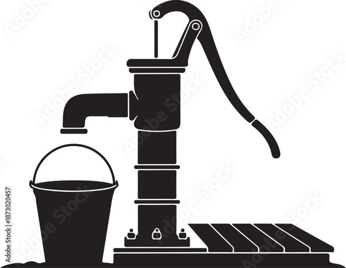 A nostalgic black and white illustration of a vintage hand pump water well with a bucket on a wooden platform, evoking a sense of rural simplicity and traditional water supply.